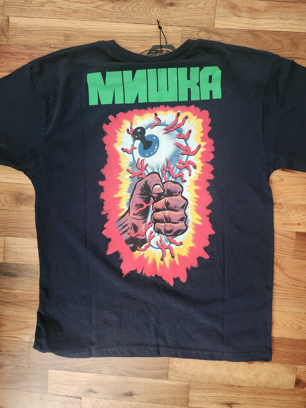 Mishka Blue Tee with Neon Green Logo and Multicolor Fist Graphic